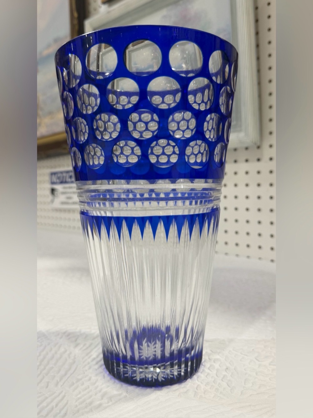 Vintage Bohemian Glass Cobalt Blue Cut to Clear Coin Polka Dot Parallel 10"